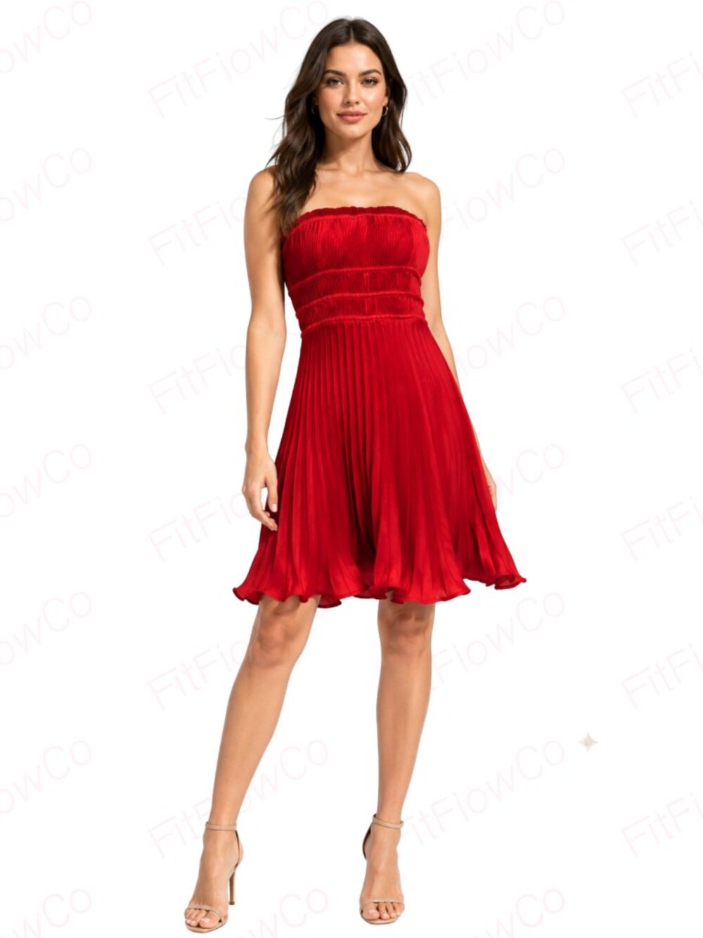 Taylor Sunburst Pleated Strapless Dress Red Size 8 NWT Removable Straps